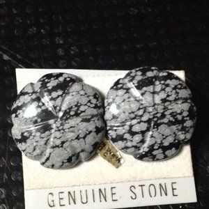 Vintage Snowflake Obsidian Gemstone Pierced Earrings